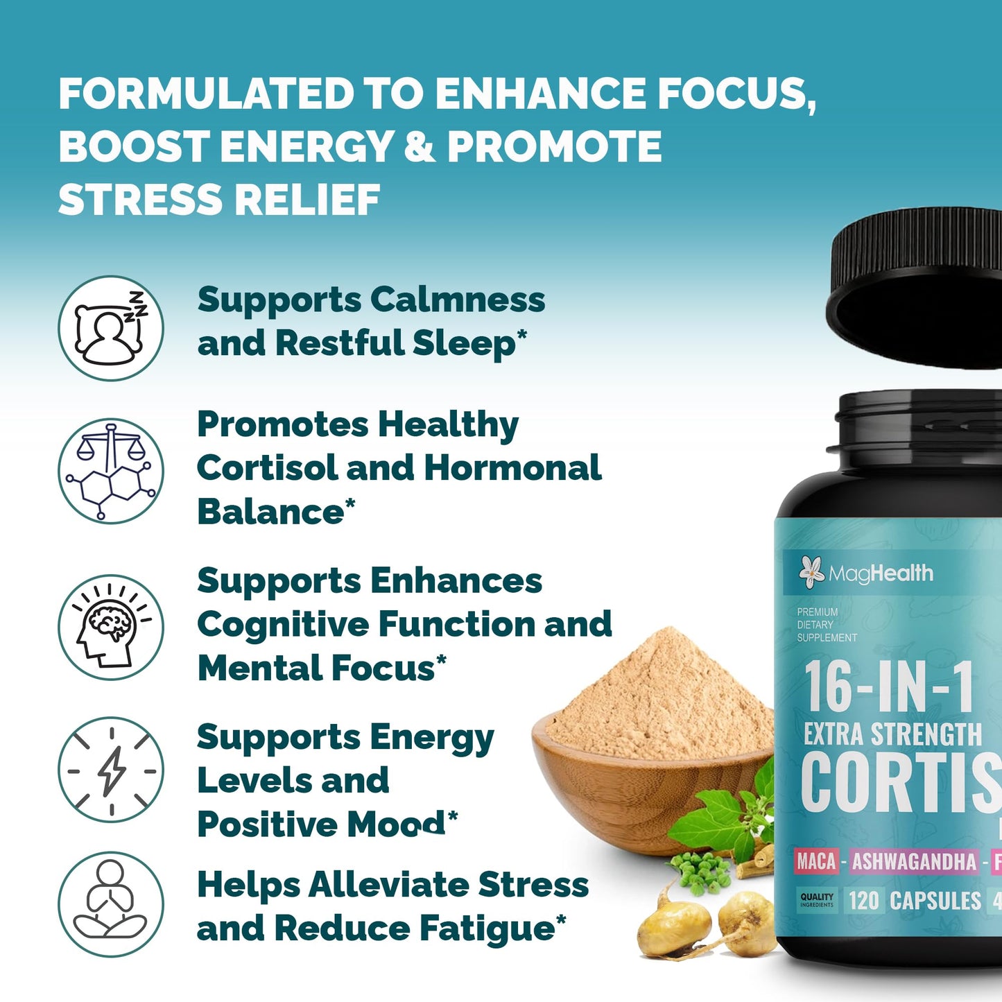 Cortisol Complex 16-in-1 Supplement for Women & Men | Stress Support Manager with Organic Ashwagandha, Maca Root, Rhodiola Rosea & Shilajit | Adaptogen Blend for Balance & Energy | 120 Capsules - Maple Wellness Supplements