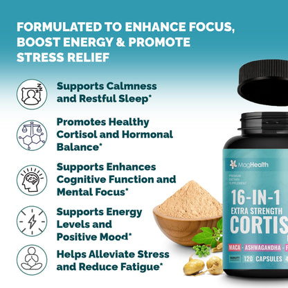 Cortisol Complex 16-in-1 Supplement for Women & Men | Stress Support Manager with Organic Ashwagandha, Maca Root, Rhodiola Rosea & Shilajit | Adaptogen Blend for Balance & Energy | 120 Capsules - Maple Wellness Supplements