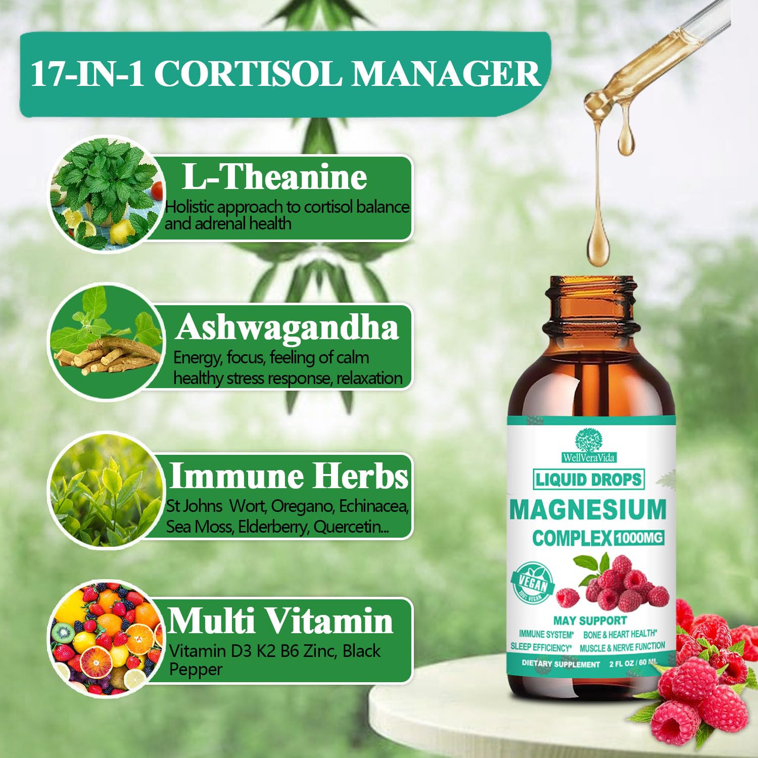 Cortisol Detox for Women & Men w. Super Calm 16-in-1 Magnesium, Theanine, Ashwagandha, St Johns Wort, Lemon Balm, Cortisol Wellness Liquid Drops for Balanced Cortisol, Harmone Balanced & Relaxation - Maple Wellness Supplements