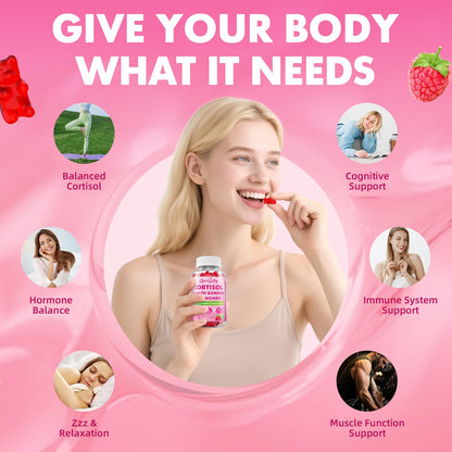 Cortisol Gummies for Women, Cortisol Supplements Gummies with Magnesium Ashwagandha Rhodiola Rosea and L-theanine Complex for Relaxation and Focus, Zzz Support, Raspberry Flavor, 60 Count - Maple Wellness Supplements