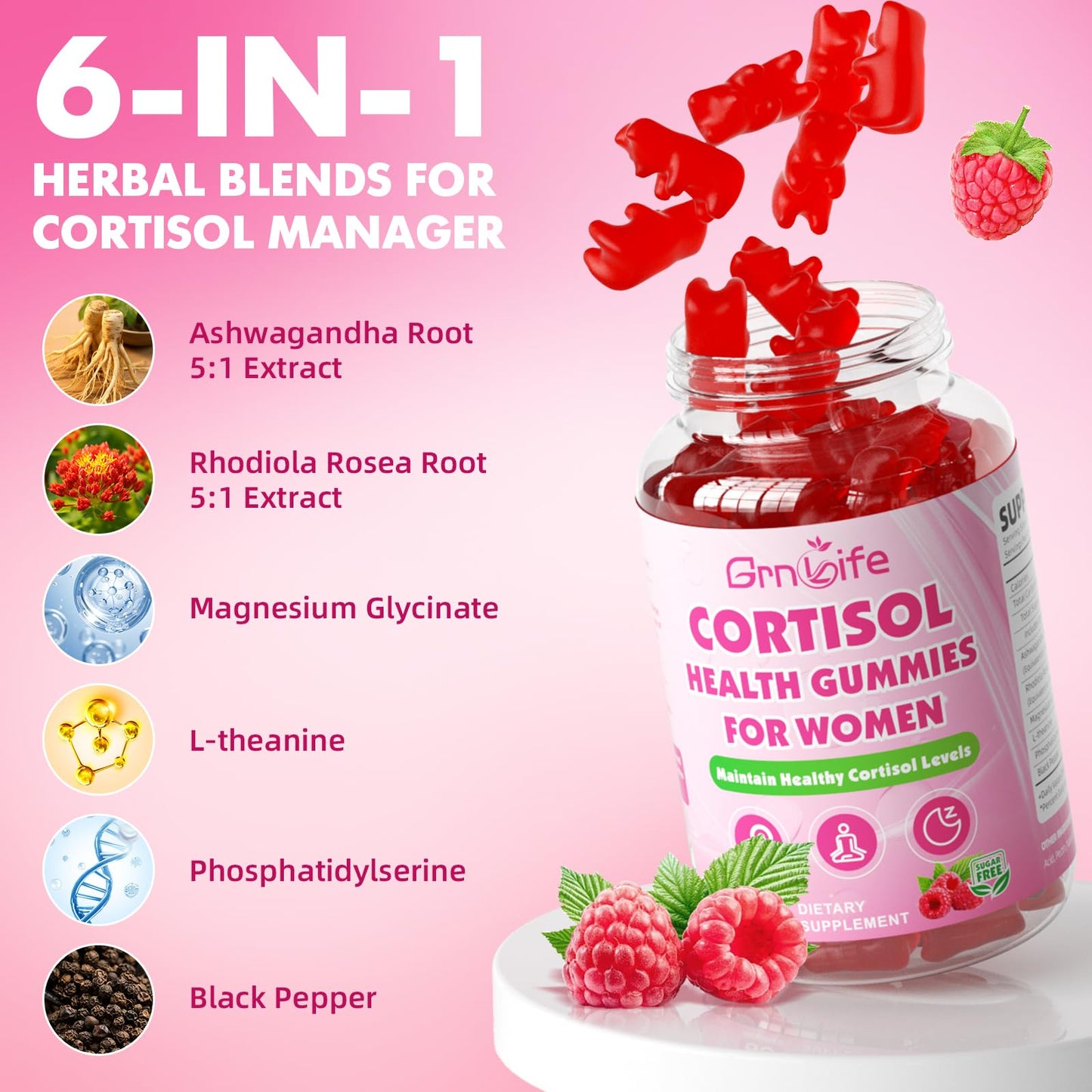 Cortisol Gummies for Women, Cortisol Supplements Gummies with Magnesium Ashwagandha Rhodiola Rosea and L-theanine Complex for Relaxation and Focus, Zzz Support, Raspberry Flavor, 60 Count - Maple Wellness Supplements