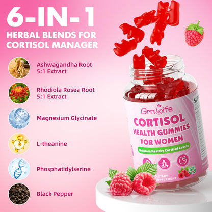 Cortisol Gummies for Women, Cortisol Supplements Gummies with Magnesium Ashwagandha Rhodiola Rosea and L-theanine Complex for Relaxation and Focus, Zzz Support, Raspberry Flavor, 60 Count - Maple Wellness Supplements