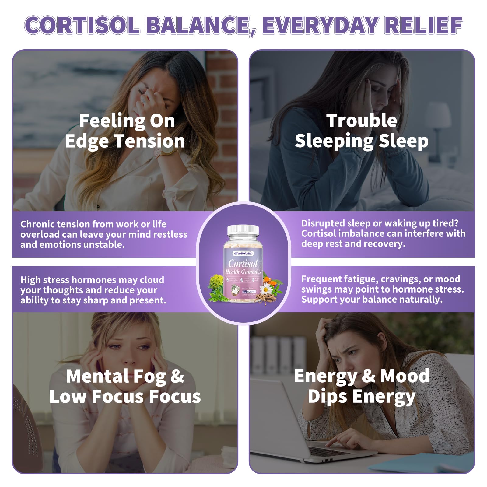 Cortisol Gummies for Women - Cortisol Supplements with Magnesium Glycinate, Ashwagandha, L-Theanine, Vitamin B Complex for Relaxation, Sleep, Calm Mood & Focus - Vegan, Sugar Free Coconut Flavor - Maple Wellness Supplements