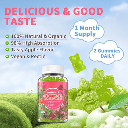 Cortisol Gummies for Women,Cortisol Manager with Ashwagandha,Magnesium,L-theanine,Phosphatidylserine,Rhodiola Rosea,Black Pepper for Mood Support,Adrenal Balance,Sleep,Vegan,Apple Flavor,60 Count - Maple Wellness Supplements