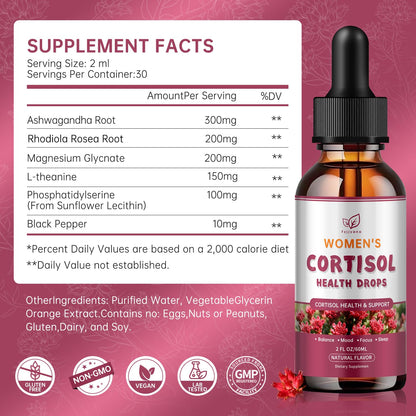 Cortisol Manager Liquid Drops, Cortisol Supplements for Women, with magnesium ashwagandha, rhodiola rosea,l-theanine,Phosphatidylserine-Promote Relaxation and Support Mood- 30 Day Vegan Supply - Maple Wellness Supplements