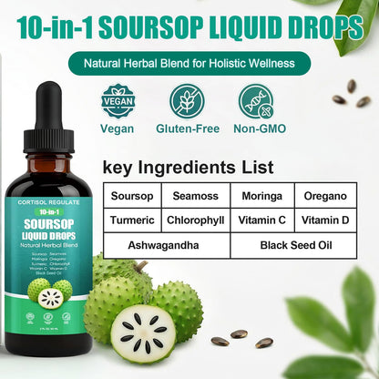 CORTISOL REGULATE Soursop Liquid Drops, 10-in-1 Blend with Sea Moss, Moringa, Turmeric, Black Seed Oil, Oregano, and More, 2 fl oz (1 Pack) - Maple Wellness Supplements