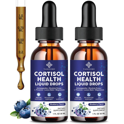 Cortisol Supplements for Women - Cortisol Manager Liquid Drops with Magnesium, Ashwagandha & Rhodiola rosea, L-theanine - Promotes Relaxation & Better Sleep, Mood, Blueberry Flavors, 1FL.OZ(2PC) - Maple Wellness Supplements