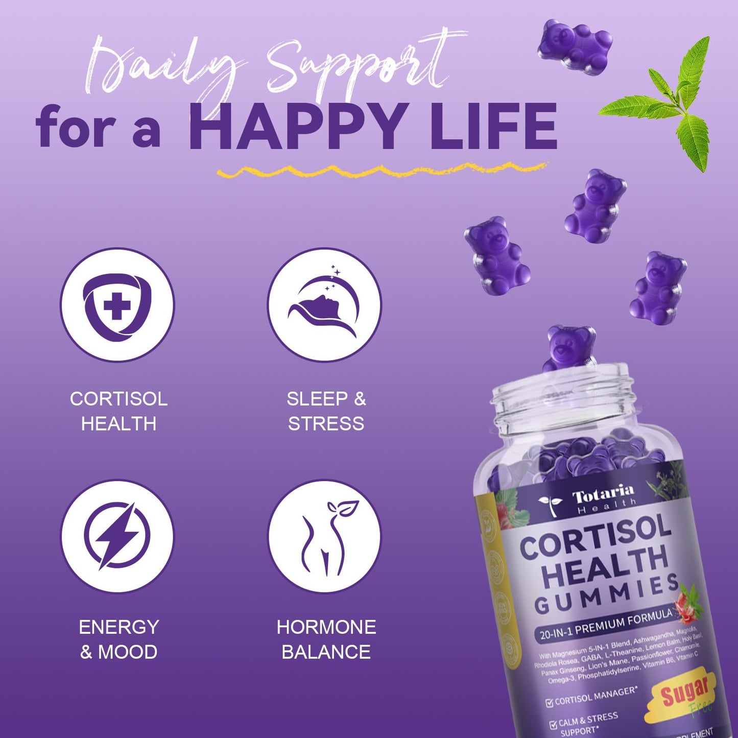 Cortisol Supplements for Women & Men 20-in-1 Cortisol Gummies with Ashwagandha Rhodiola Rosea Magnesium Phosphatidylserine Calm Focus Mood Support Healthy Cortisol Levels 30 Day Supply - Maple Wellness Supplements