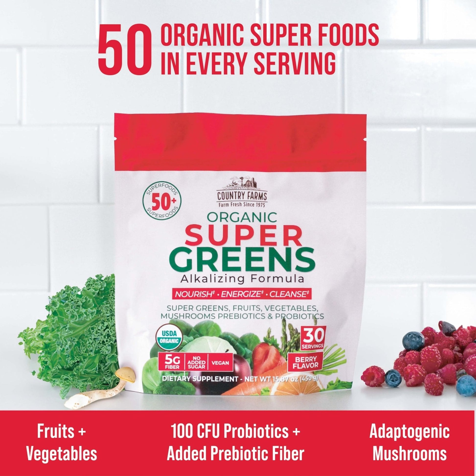 Country Farms Super Greens Berry Flavor, 50 Organic Super Foods, USDA Organic Drink Mix (Wheat Grass, Spirulina, Chlorella) Mushrooms & Probiotics, with Fiber, Gut Health, Natural Energy, 30 Servings - Maple Wellness Supplements