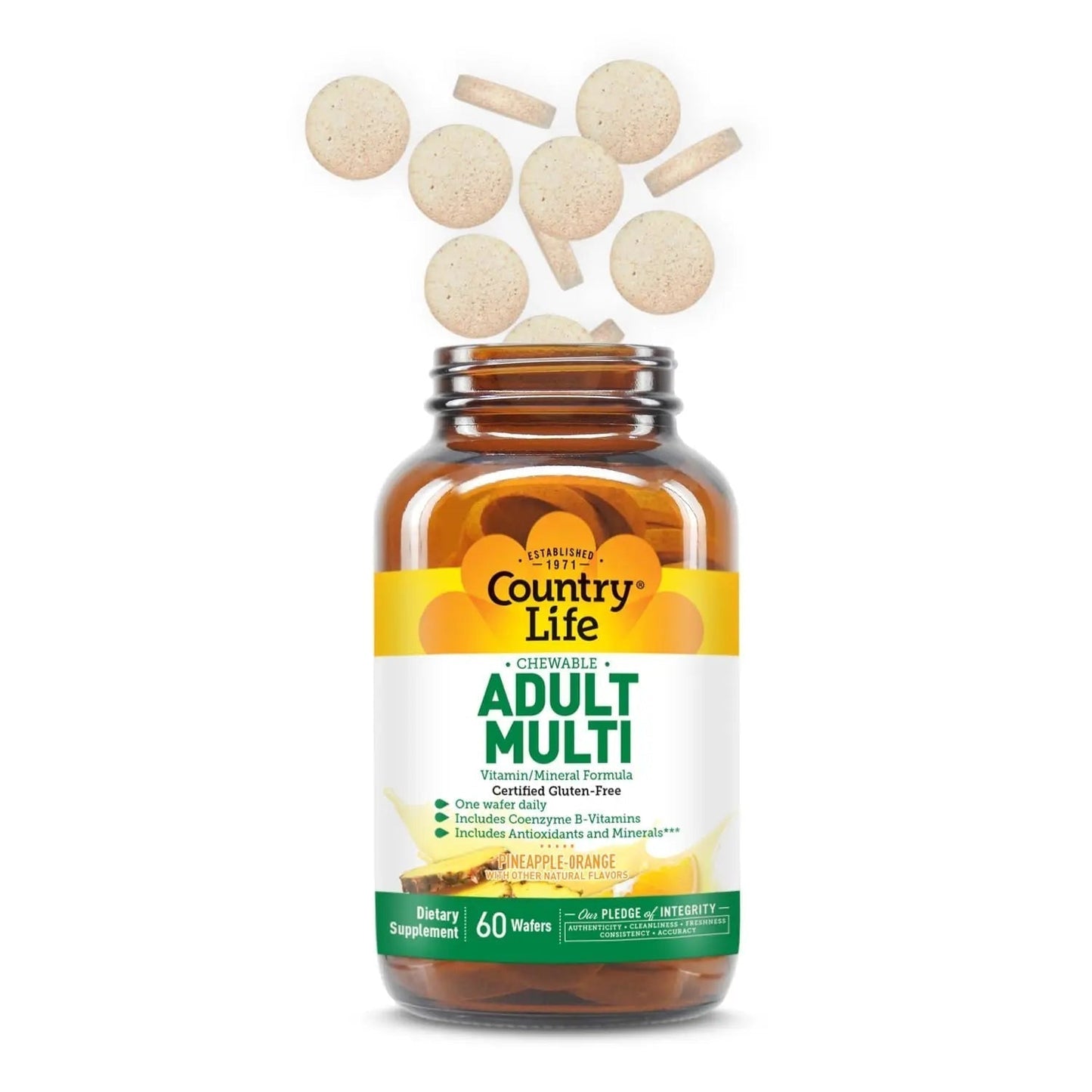 Country Life Adult Chewable Multivitamin with Coenzyme B-Vitamins, Antioxidants, Minerals, Pineapple-Orange Flavor - Maple Wellness Supplements