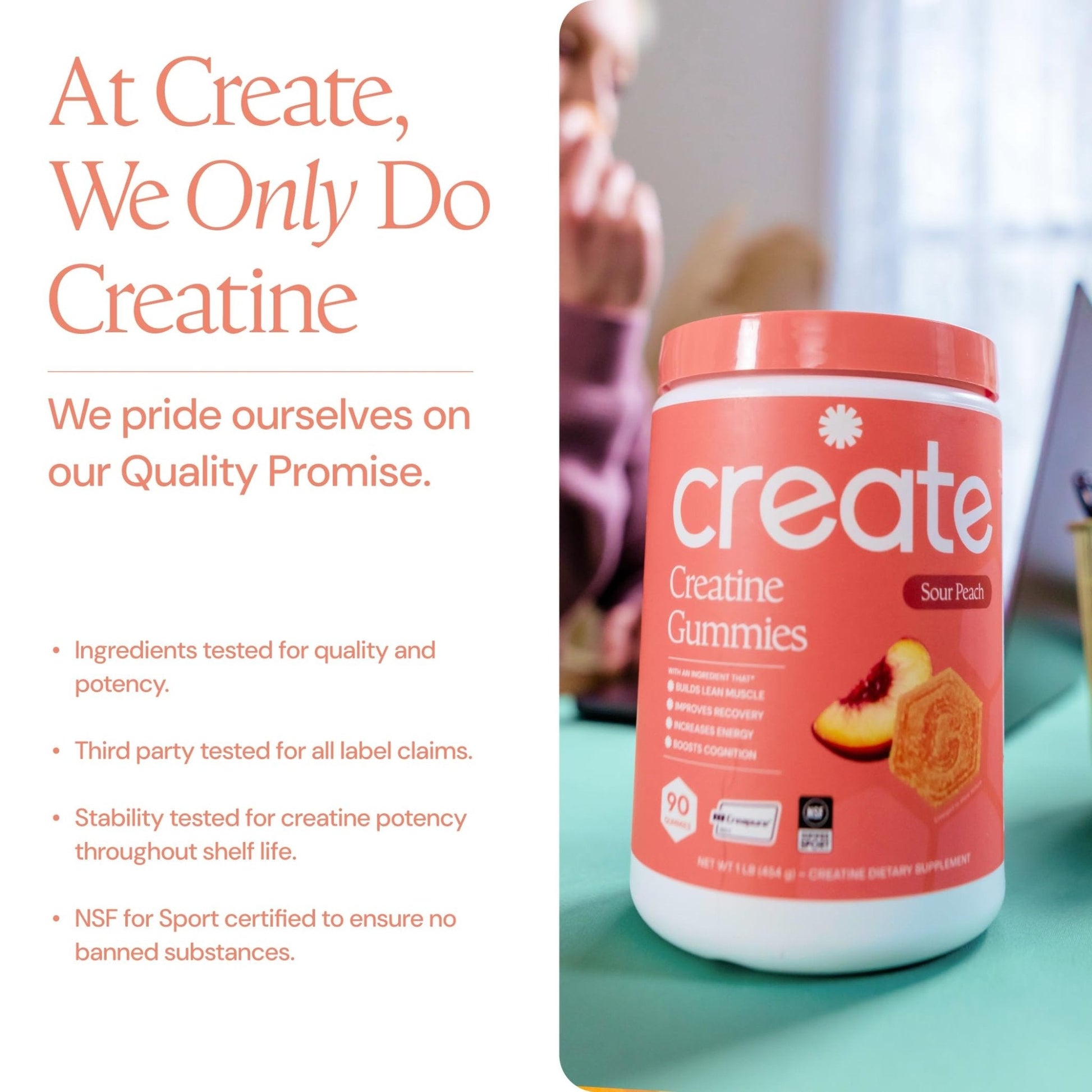 Create Creatine Monohydrate Gummies for Men & Women, Boost Focus, Strength, and Endurance, Anti-Melting Formula, Vegan, Gluten-Free, Non-GMO, 1.5g of Creatine per Gummy (Sour Peach) - Maple Wellness Supplements