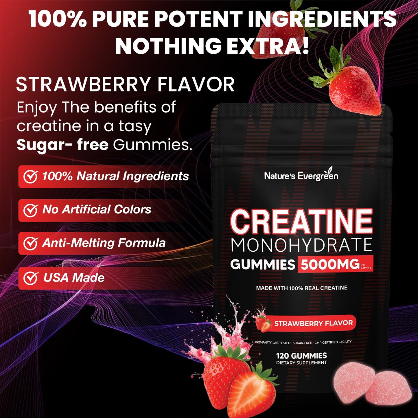 Creatine Monohydrate 5000mg Gummies, Pre-Workout 5g Creatine Gummy Supplement for Men & Women: Muscle Builder & Energy Boost, Sugar Free, Vegan, Strawberry Flavor, (120 Count) Made in USA - Maple Wellness Supplements