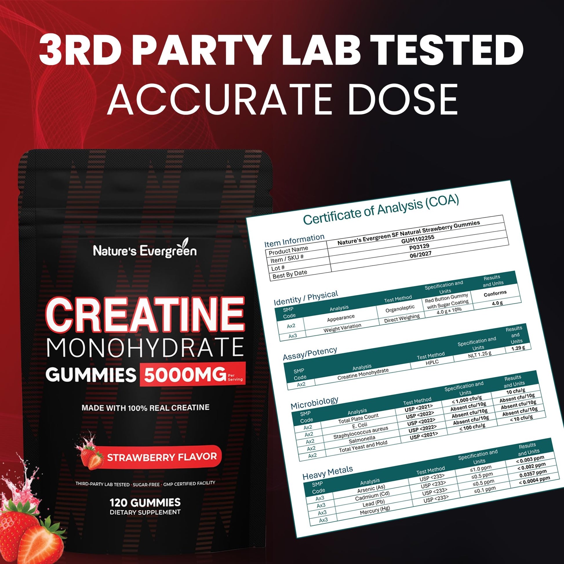 Creatine Monohydrate 5000mg Gummies, Pre-Workout 5g Creatine Gummy Supplement for Men & Women: Muscle Builder & Energy Boost, Sugar Free, Vegan, Strawberry Flavor, (120 Count) Made in USA - Maple Wellness Supplements