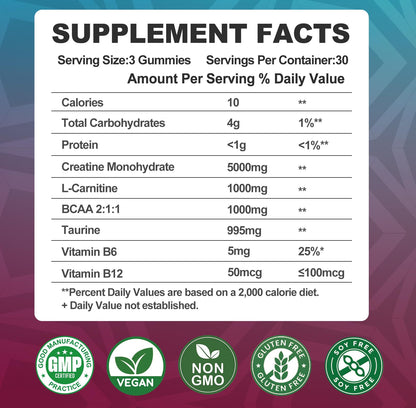 Creatine Monohydrate 8000mg Gummies with BCAA, L-Carnitine, Taurine & Vitamin B12 - Pre Workout Supplement for Muscle Growth, Strength & Energy, Multi-Flavor Chewable Gummies, - Maple Wellness Supplements