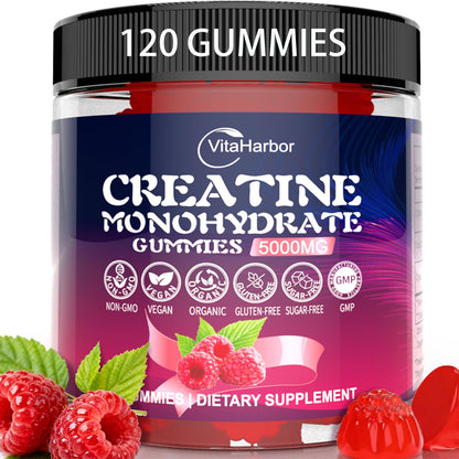 Creatine Monohydrate Gummies 5000mg for Men & Women, Organic Pure Creatine Gummies | Sugar Free,Vegan, Non-GMO,Raspberry Flavor, 120 Count - Maple Wellness Supplements