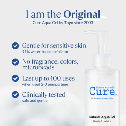 Cure by Toyo | Aqua Gel Gentle Exfoliator | Clear and Softer Skin | Non-Abrasive Face and Body Cleanser | Sensitive Skin | Big Size 8.82oz - Maple Wellness Supplements