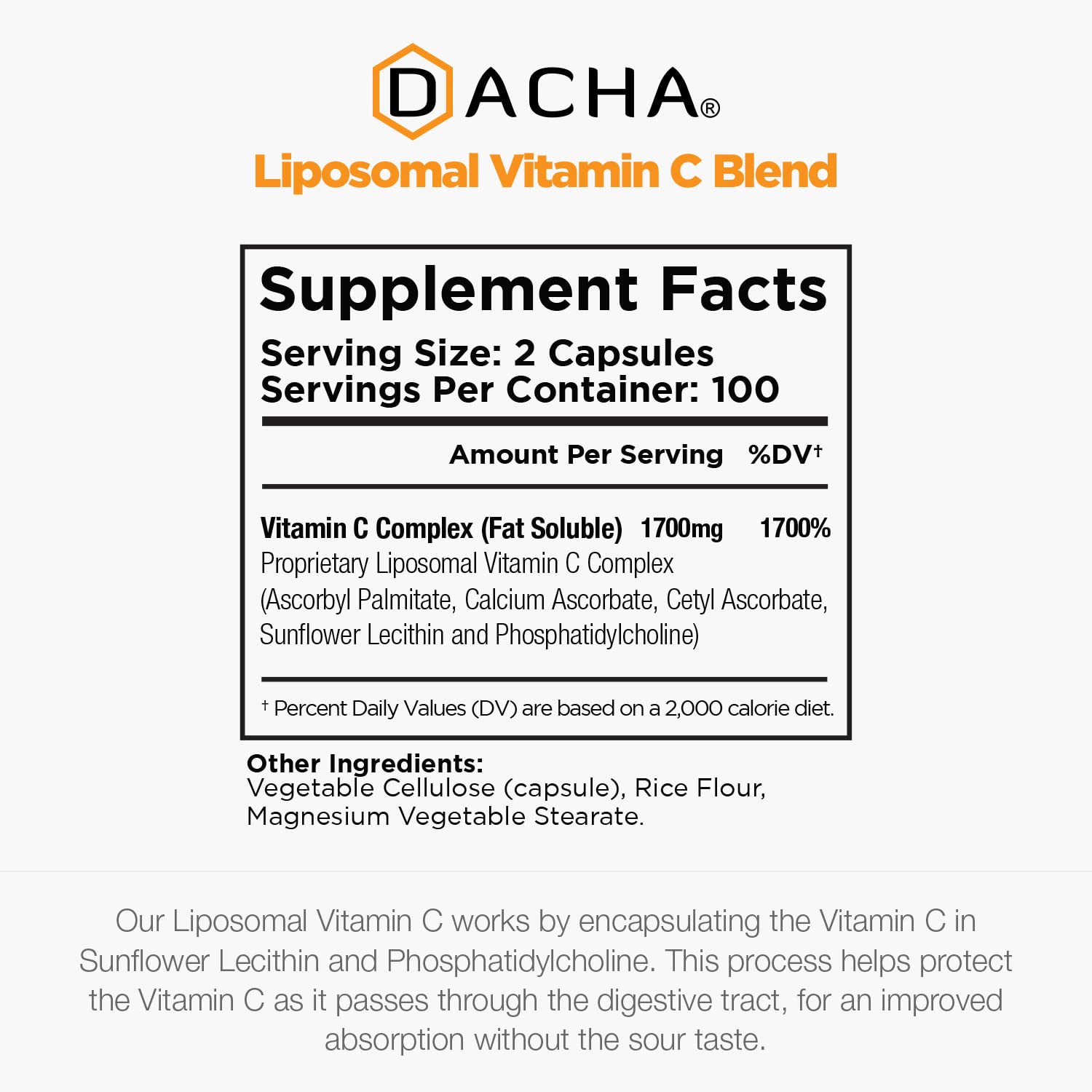 DACHA Natural Liposomal Vitamin C - 1700mg, 200 Capsules, Immune System & Collagen Booster, High Absorption Fat Soluble VIT C - Maple Wellness Supplements