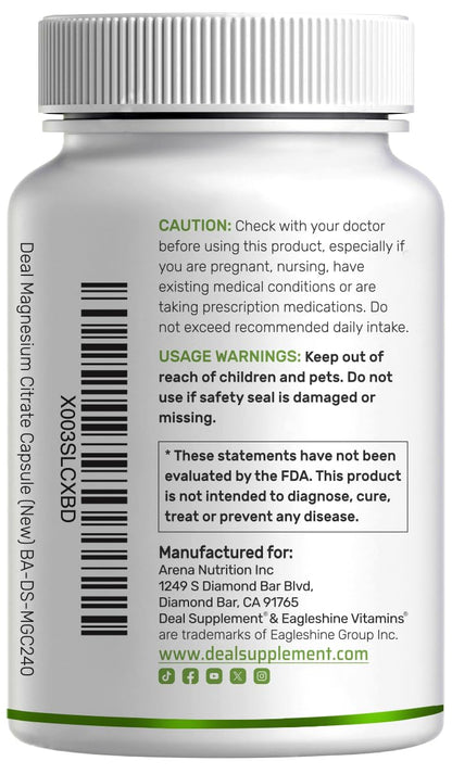 DEAL SUPPLEMENT Magnesium Citrate 500mg, 240 Capsules | Easily Absorbed, Purified Trace Mineral – One a Day, Non-GMO - Maple Wellness Supplements