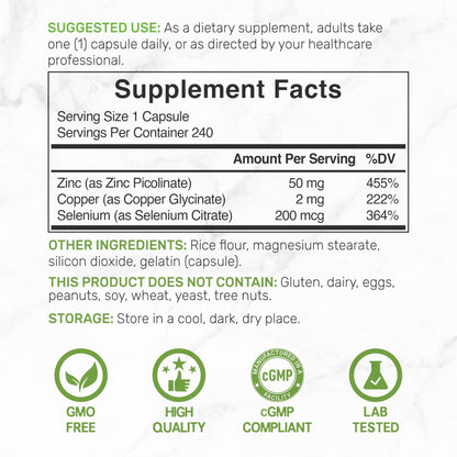 Deal Supplement Zinc 50mg with Selenium + Copper, 240 Capsules, 8 Month Supply, 3 in 1 Mineral Formula, Zinc Picolinate Complex Supplement - Maple Wellness Supplements