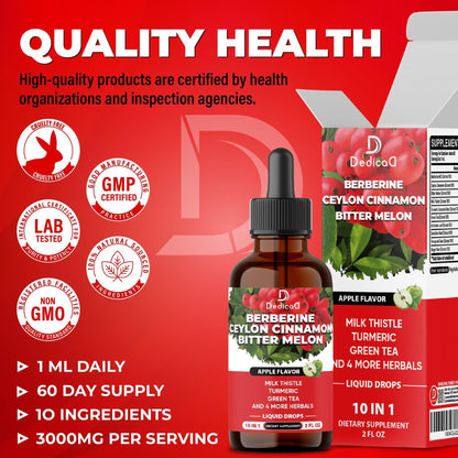 DEDICAD 10in1 Berberine HCl Drops - Liposomal Berberine Liquid - Activator Berberine with Ceylon Cinnamon, Bitter Melon, and 7 More - 60ml - Maple Wellness Supplements
