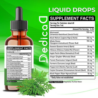 DEDICAD 12in1 Wormwood Liquid Drops - Black Walnut Wormwood Tincture Liquid Extract Whole Cloves and 9 More Herbs - 60 Days Supply - Maple Wellness Supplements