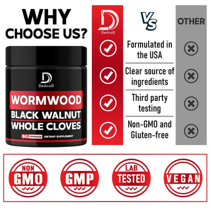 DEDICAD 1500mg Wormwood Capsules with Black Walnut & Cloves - Artemisia Annua Supplement for Immunity - 60 Vegan Capsules - Maple Wellness Supplements