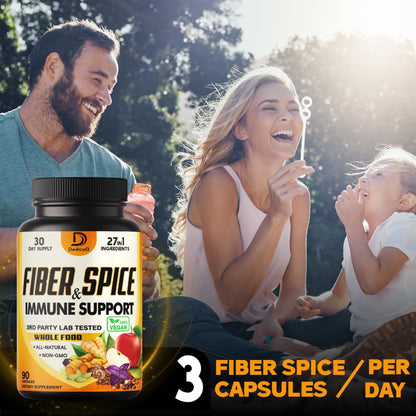 DEDICAD 27in1 Fiber and Spice Supplement - Combined with Organic Psyllium, Whole Apple, Elderberry & More - Support Mood, Body & Immunity - 90 Capsules for 1 Month - Maple Wellness Supplements