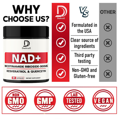DEDICAD NAD Supplement with Nicotinamide Riboside, Trans-Resveratrol, Quercetin - Cellular Energy & Repair, Vitality, Healthy Aging - 60 Count - Maple Wellness Supplements