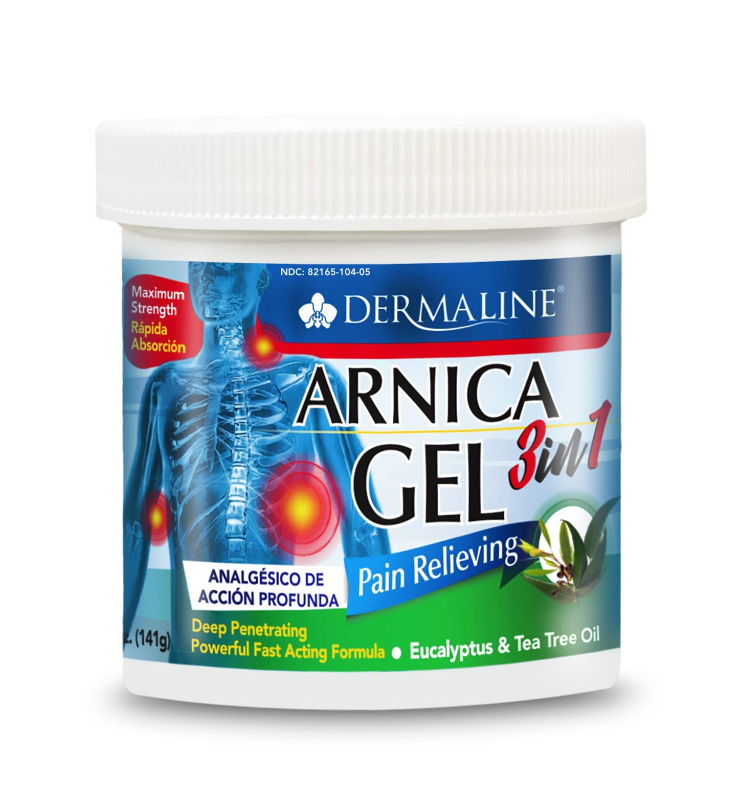 DERMALINE Arnica 3 in 1 Gel, Eucalyptus, Tea Tree Oil, Vitamin E - Fast Acting and Absorbing, Pain Relief - Maple Wellness Supplements
