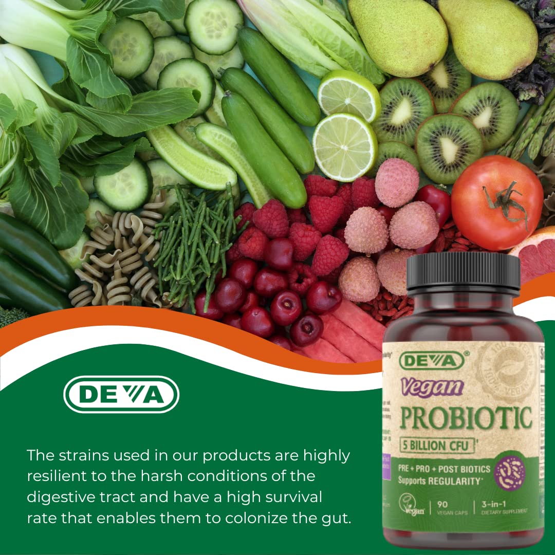 DEVA Vegan Probiotic Supplement - Pre, Pro, and Postbiotics for Digestive Health, 5 Billion CFU, Soil-Based, Spore-Forming, Dairy Free, FOS Prebiotics - Maple Wellness Supplements