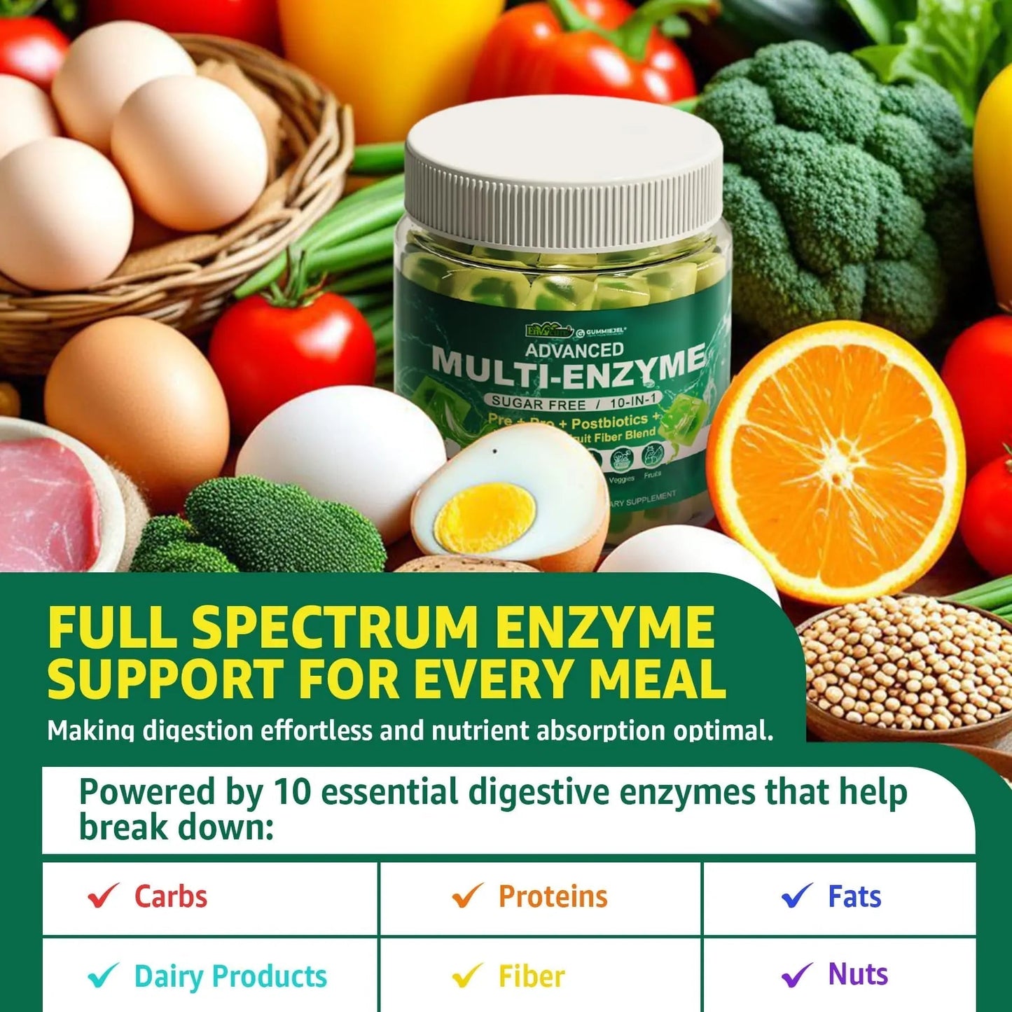 Digestive Enzymes Gummies for Women & Men, Multi-Enzymes with 90Billion CFU Probiotics and Prebiotics & Postbiotic, Vegetable & Fruit Fiber Blend, Super Enzymes for Digestive & Gut Health,Immune,60Cts - Maple Wellness Supplements
