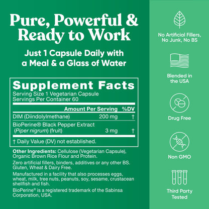 DIM Supplement Pure 200 Mg for Women or Men - Estrogen Hormone Balance Supplement for Energy, Fatigue, Stress, Menopause, Hot Flashes - Enhanced Bioavailability BioPerine - 60 Vegan Soft Capsules - Maple Wellness Supplements