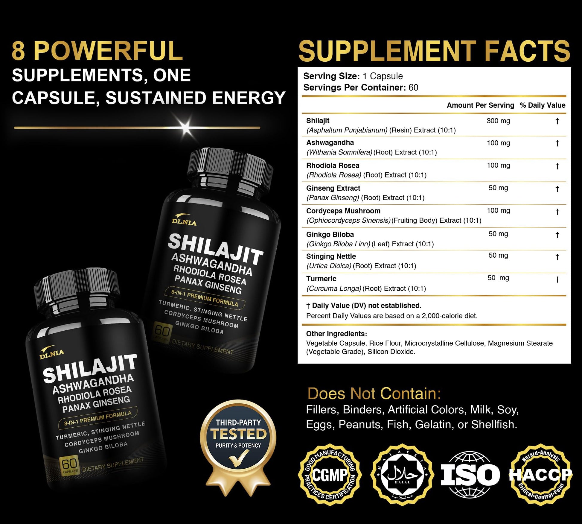 DLNIA 8-in-1 Shilajit for Men & Women with Ashwaganda Himalayan Organic Supplement with Rhodiola Rosea, Ginseng, Turmeric, Mushroom, for Immune Support, Energy, Calm, Focus, Clarity, Sleep, Cortisol - Maple Wellness Supplements