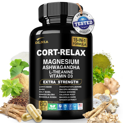 DLNIA Super Calm Cortisol Supplement with Magnesium Glycinate, Ashwagandha KSM-66, L-Theanine, Phosphatidylserine, Ginkgo Biloba & Lions Mane for Calm, Focus, Mental Clarity, Relaxation, Sleep, Energy - Maple Wellness Supplements