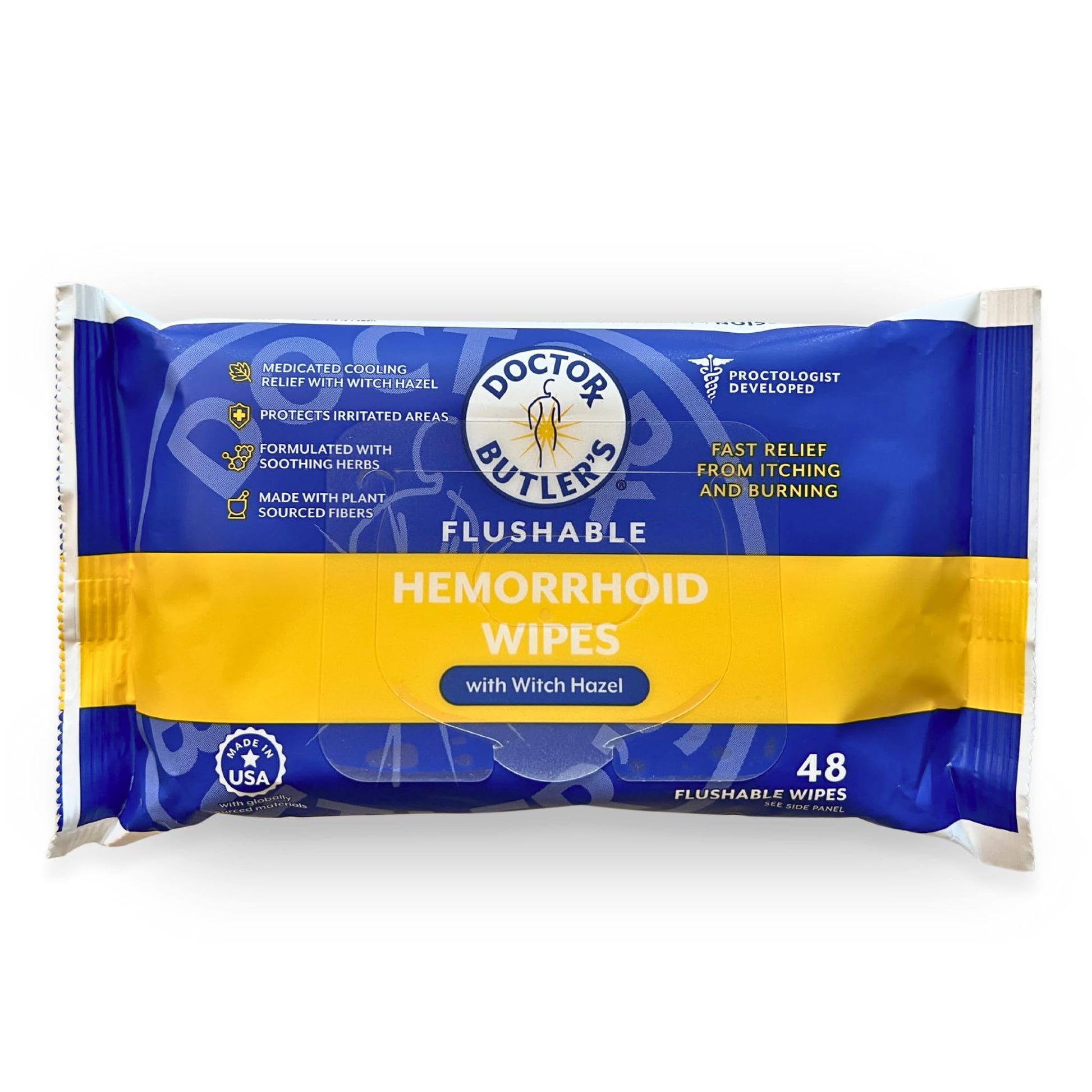 Doctor Butler's Flushable Hemorrhoid Wipes – Flushable Wipes with Witch Hazel to Soothe and Bring Relief from Discomfort Associated with Hemorrhoids (48 Wipes) - Maple Wellness Supplements