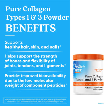Doctor's Best Pure Collagen Types 1 & 3, Promotes Healthy Skin Hair & Nails – Bone & Joint Support, 7.1 Ounce (Pack of 1) - Maple Wellness Supplements