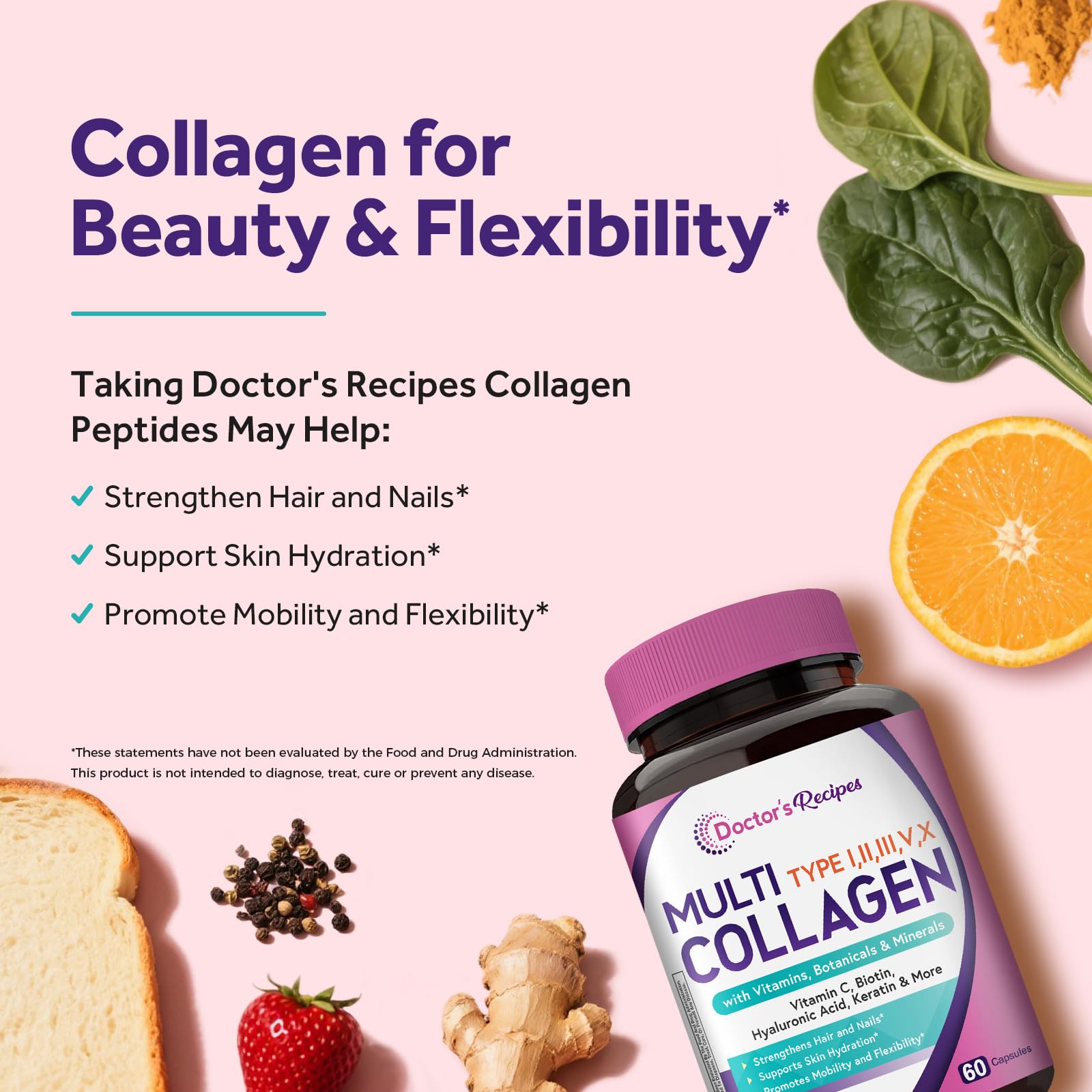 Doctor's Recipes Multi Collagen Peptides, Type I, II, III, V, X, 1000 mg Per Serving, Vitamin C, Biotin, Hyaluronic Acid, Keratin, Turmeric, for Hair, Nails, Skin, Stay Active, Antioxidant, 60 Caps - Maple Wellness Supplements