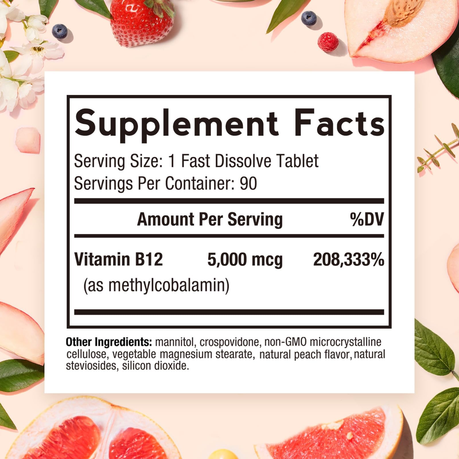 Doctor's Recipes Vitamin B12, Methylcobalamin 5000 mcg 90 Fast Dissolve Tablets, Natural Peach Flavor, Vegan Methyl, Energy Metabolism & Nervous System - Maple Wellness Supplements