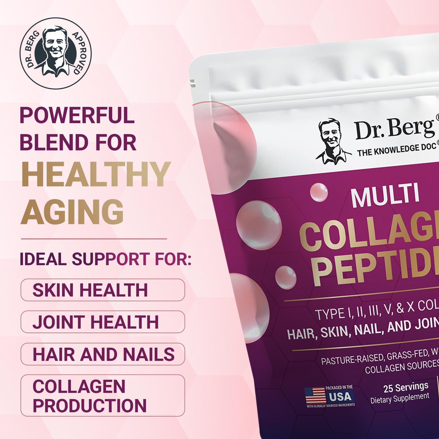 Dr. Berg Multi Collagen Peptides Powder Types I, II, III, V, X - Unflavored Collagen Powder w/ 14 g of Protein - Grass-Fed - Maple Wellness Supplements