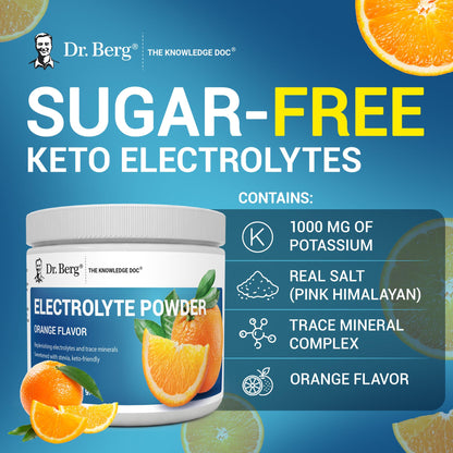 Dr. Berg Zero Sugar Hydration Keto Electrolyte Powder - Enhanced w/ 1000 mg of Potassium & Real Pink Himalayan Salt (NOT Table Salt) - Orange Flavor Hydration Drink Mix Supplement - 50 Servings - Maple Wellness Supplements