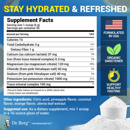 Dr. Berg Zero Sugar Hydration Keto Electrolyte Powder - Enhanced w/ 1000 mg of Potassium & Real Pink Himalayan Salt (NOT Table Salt) - Tropical Coconut - Maple Wellness Supplements