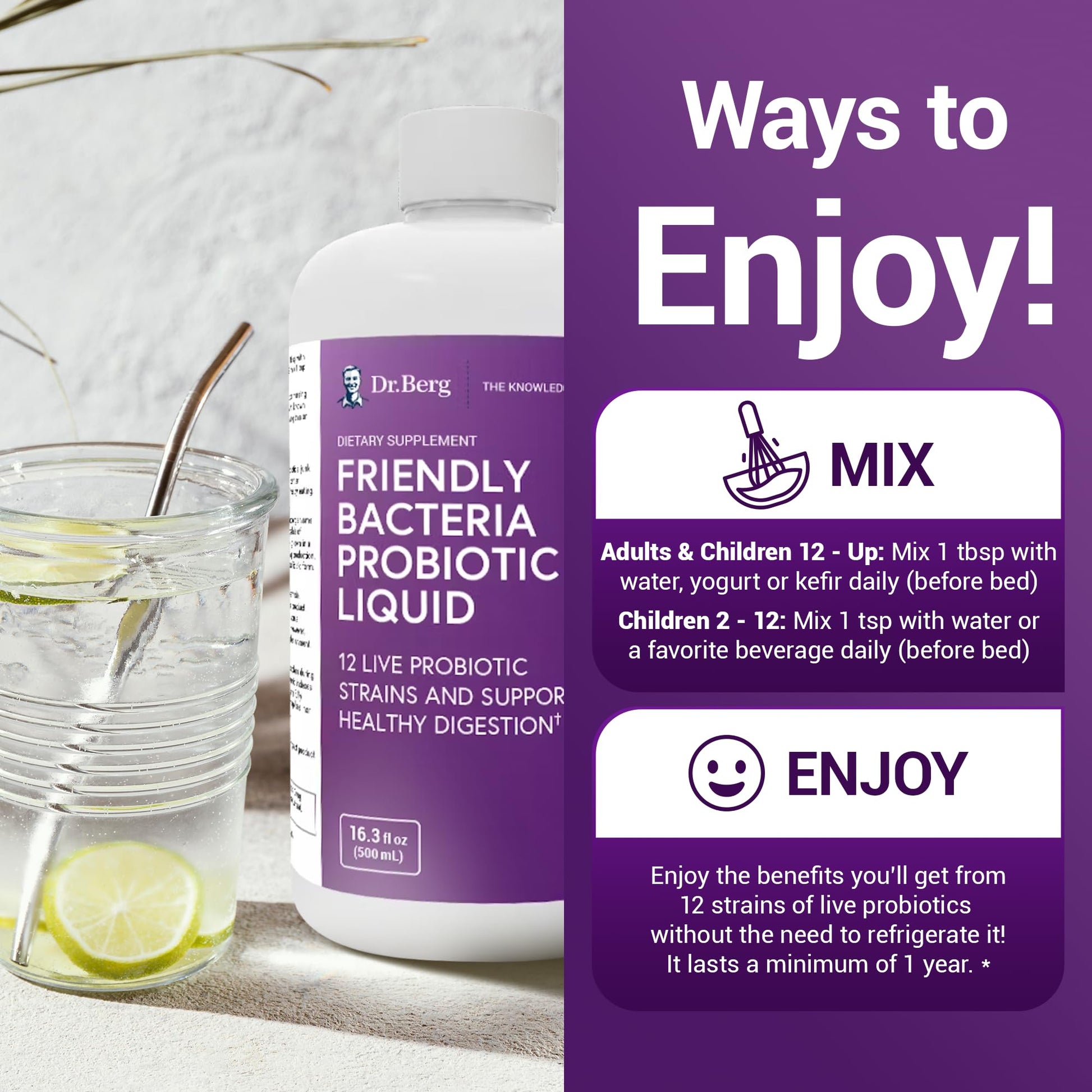 Dr. Berg's Friendly Probiotic Liquid Supplement Drink Mix w/ 12 Live Probiotics Strains - Maple Wellness Supplements