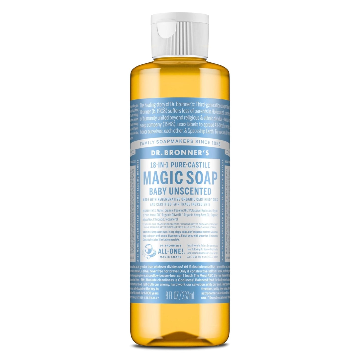 Dr. Bronner's Pure-Castile Magic Liquid Soap (Baby Unscented, 8 Ounce)- Made with Regenerative Organic Certified Oils, For Face - Maple Wellness Supplements