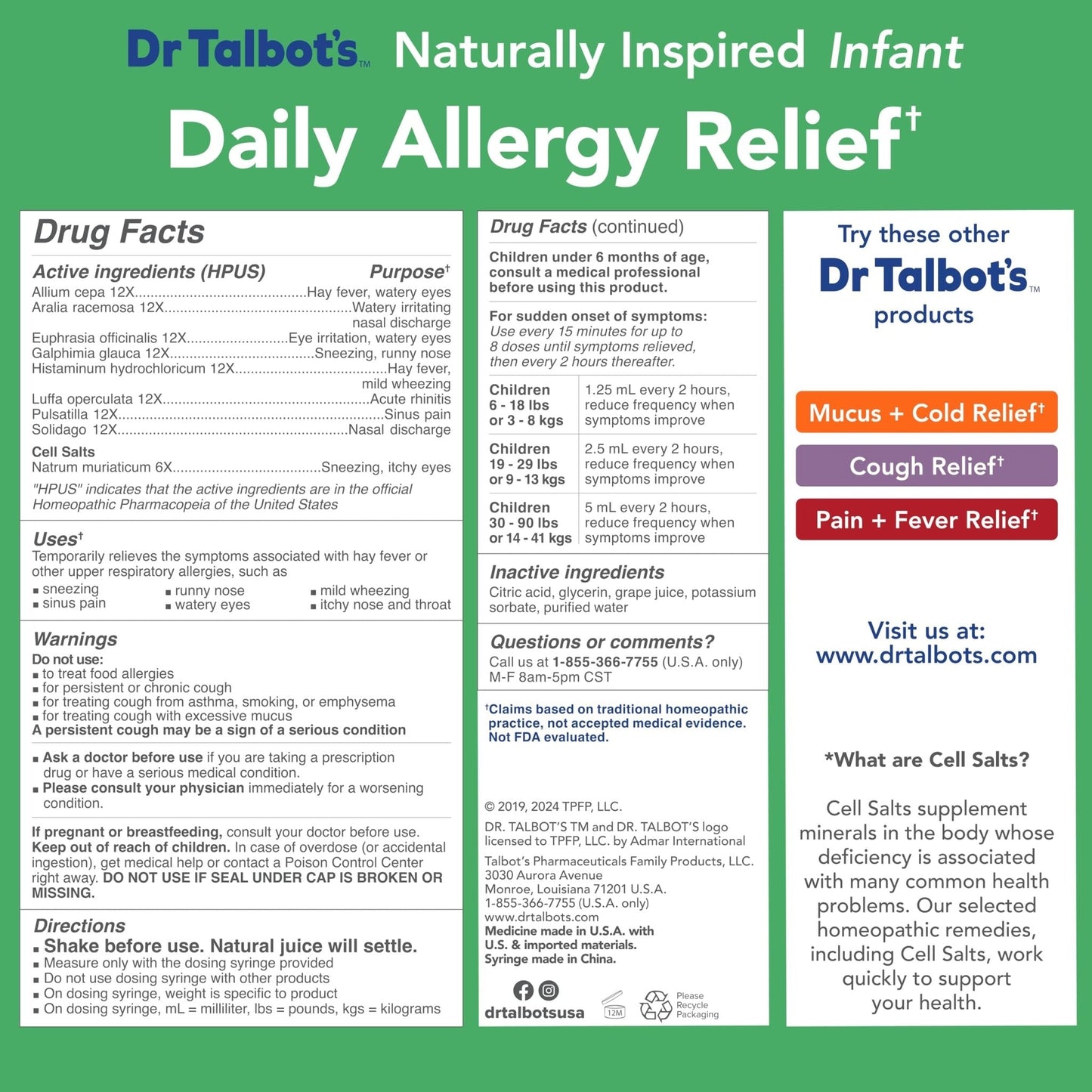 Dr. Talbot's Infant Daily Allergy Relief Liquid Medicine, Naturally Inspired for Babies, Includes Syringe, Grape Juice Flavor, Purple, 4 Fl Oz - Maple Wellness Supplements