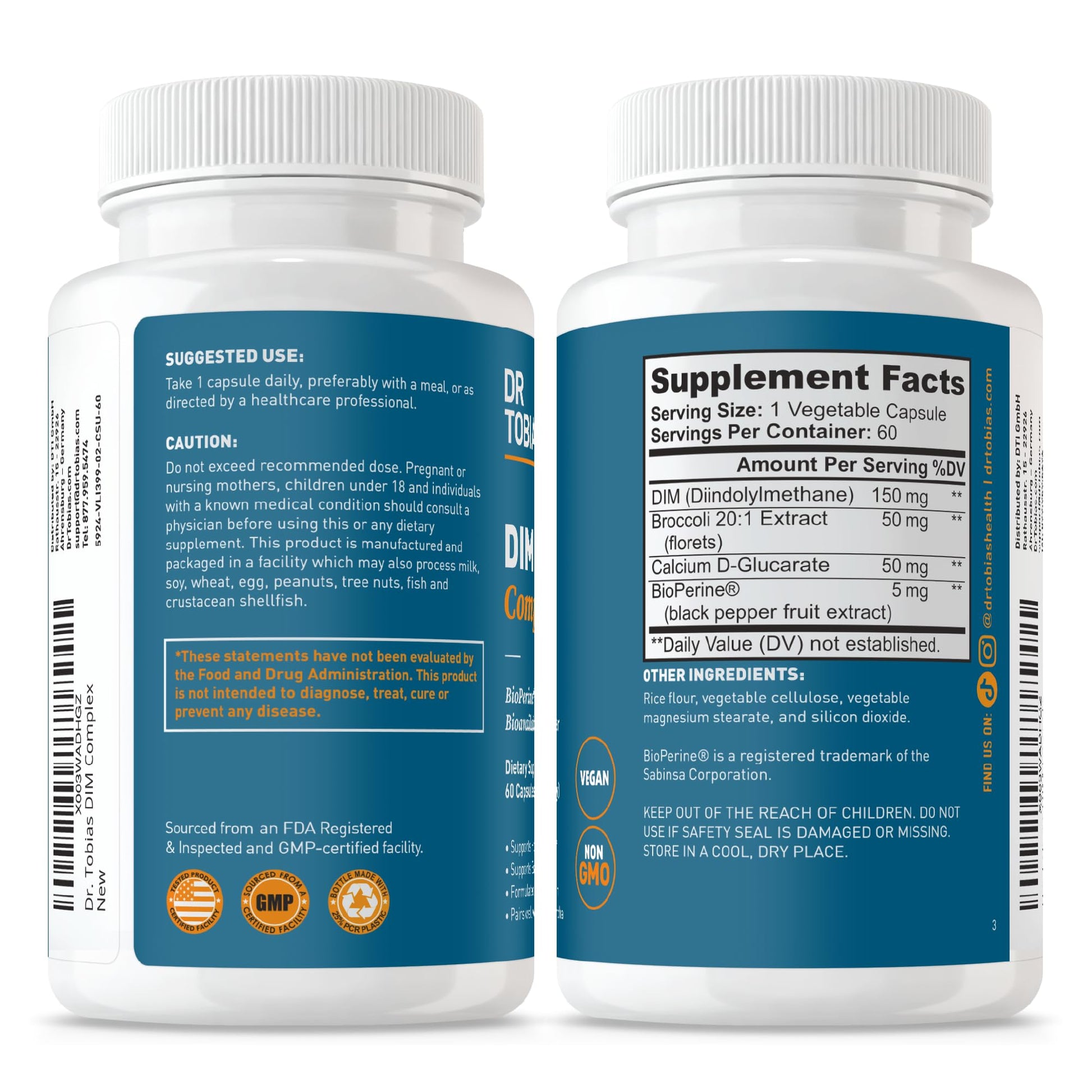 Dr. Tobias DIM Complex, Hormone Balance for Women & Men, DIM Supplement with BioPerine, Broccoli Extract & Calcium D-Glucarate Estrogen Detox Balance Complex, Non-GMO, Vegan, 60 Capsules - Maple Wellness Supplements