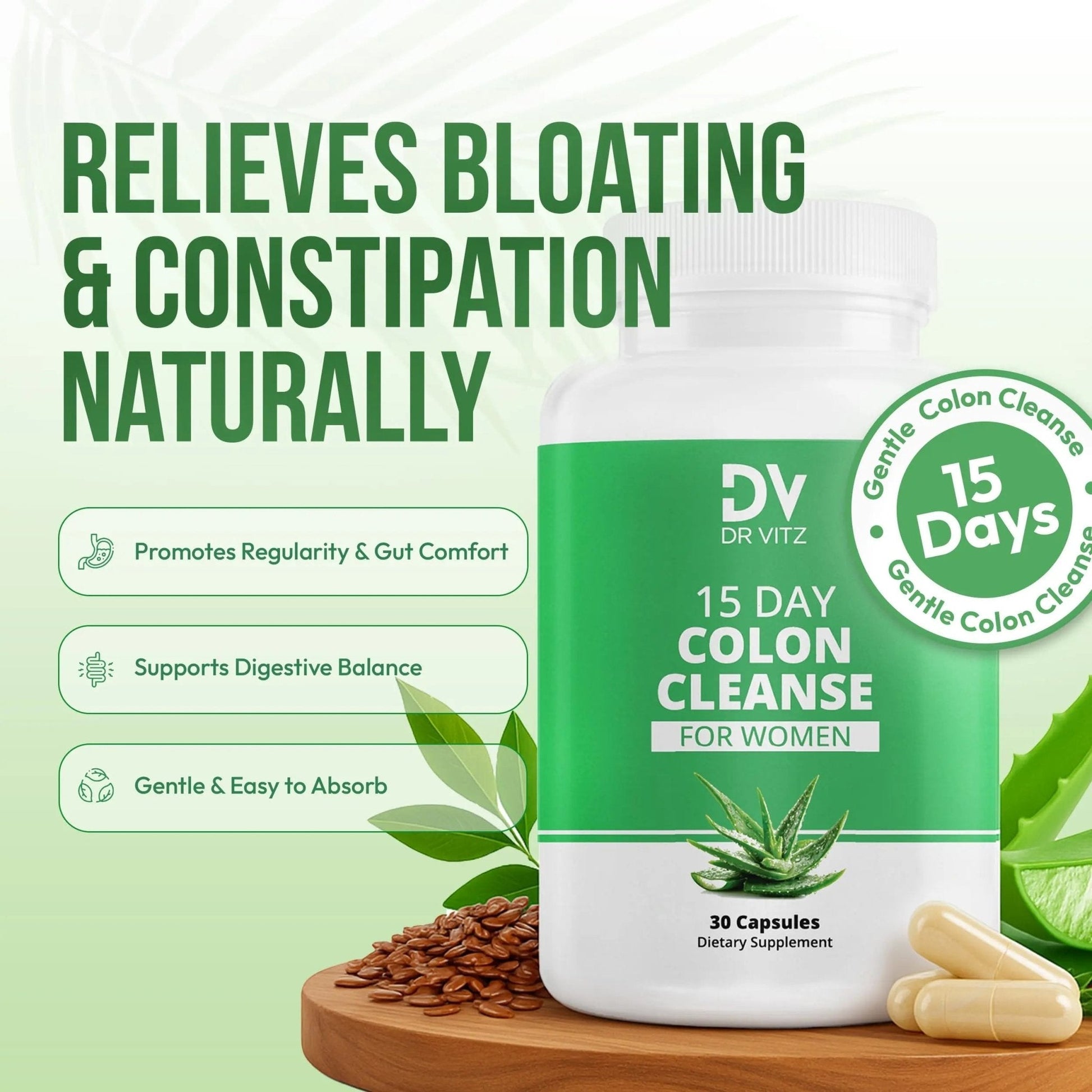 Dr Vitz 15 Day Colon Cleanse for Women – Natural Detox Pills with Herbs, Fiber & Probiotics – Bloating & Constipation Relief, Weight Loss & Gut Health Reset – 30 Capsules - Maple Wellness Supplements