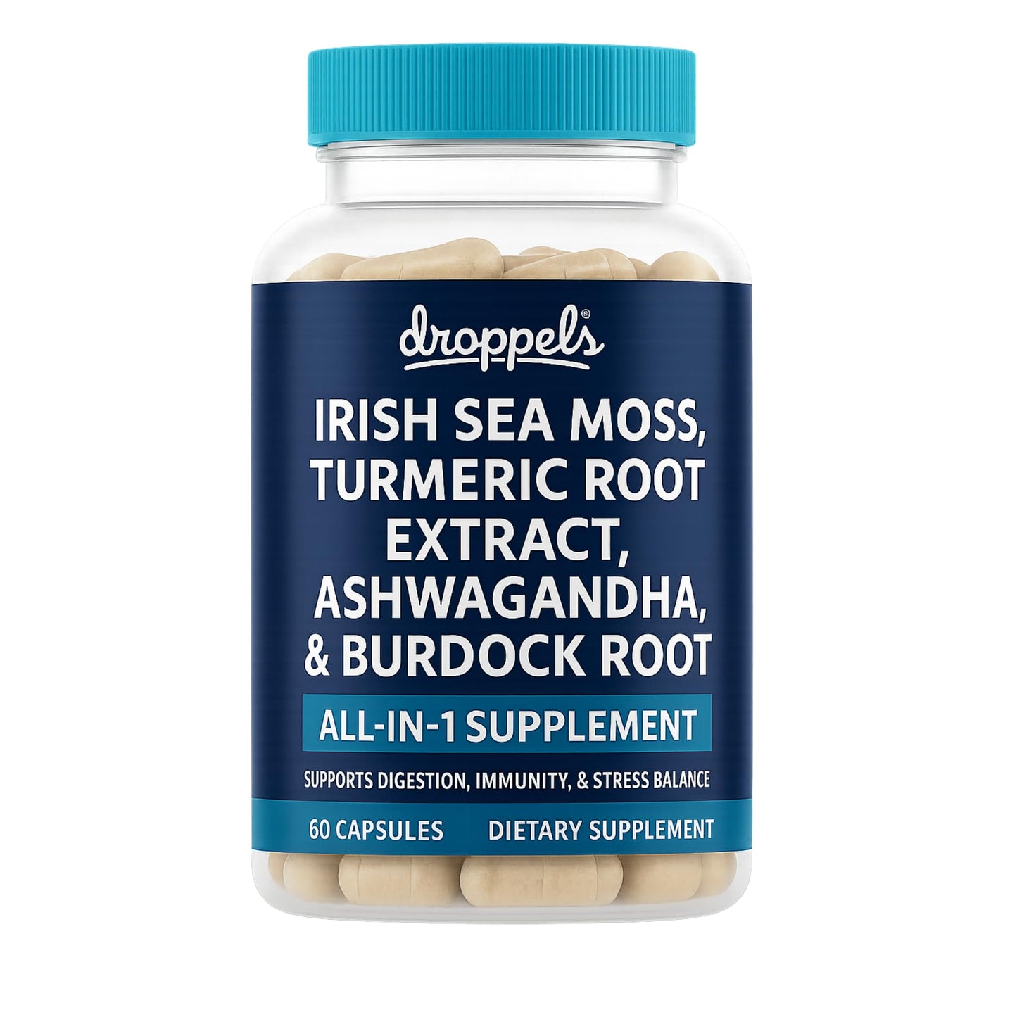 Droppels Irish Sea Moss Capsules with Turmeric Root, Ashwagandha, Black Pepper & Burdock Root – Natural Mineral Blend for Immune, Digestion, Joint & Energy Support – Vegan, Non-GMO – 60 Capsules - Maple Wellness Supplements