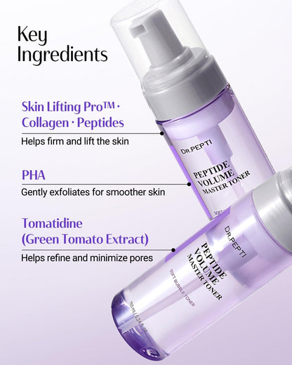 DR.PEPTI Peptide Volume Toner – 12 Peptides, Volufiline™ & 54% Centella Base – No-Drip Bubble Treatment Toner, Firming & Plumping with 8-Type Hyaluronic Acid & Collagen, 5.24 fl oz - Maple Wellness Supplements