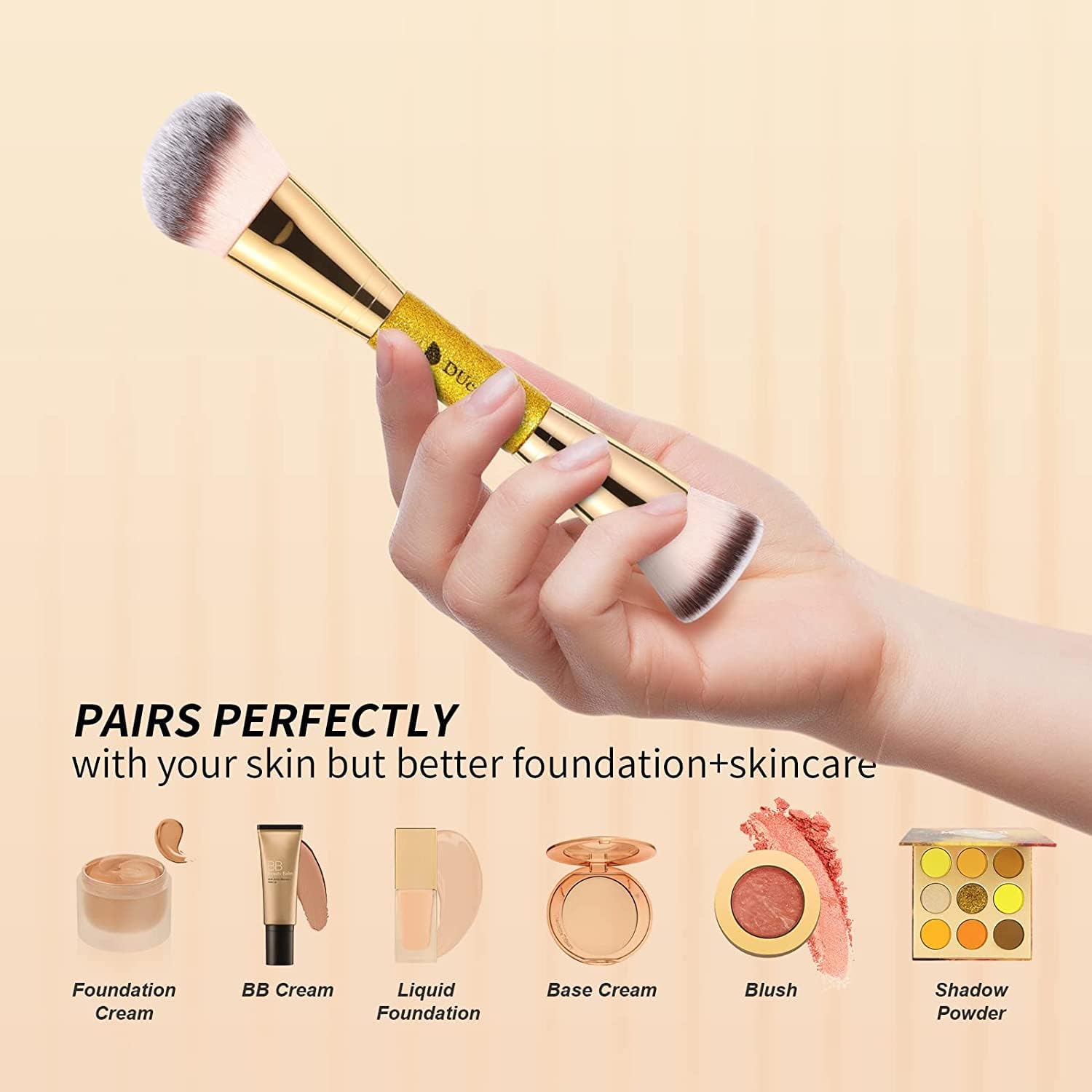 DUcare Dual End Foundation Contour Bronzer Brush, Gold Glitter Handle Double Ended Professional Face Makeup Tool for Liquid Cream Powder - Maple Wellness Supplements