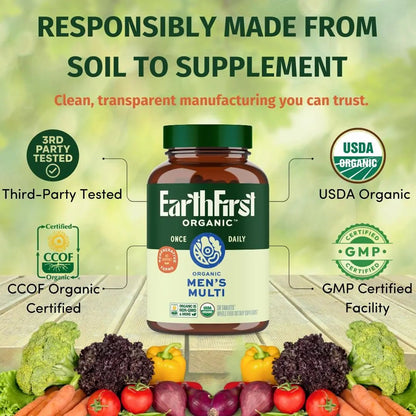 EarthFirst Organic Men’s Multi Once Daily, Whole-Food Multivitamin with 19 Vitamins & Minerals for Energy, Heart, Bone Strength - Maple Wellness Supplements